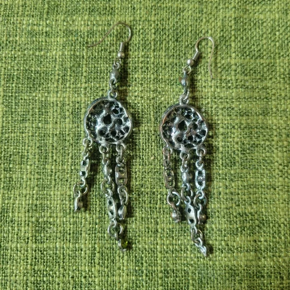 Green Rhinestone Dangly Earrings - Picture 3 of 3